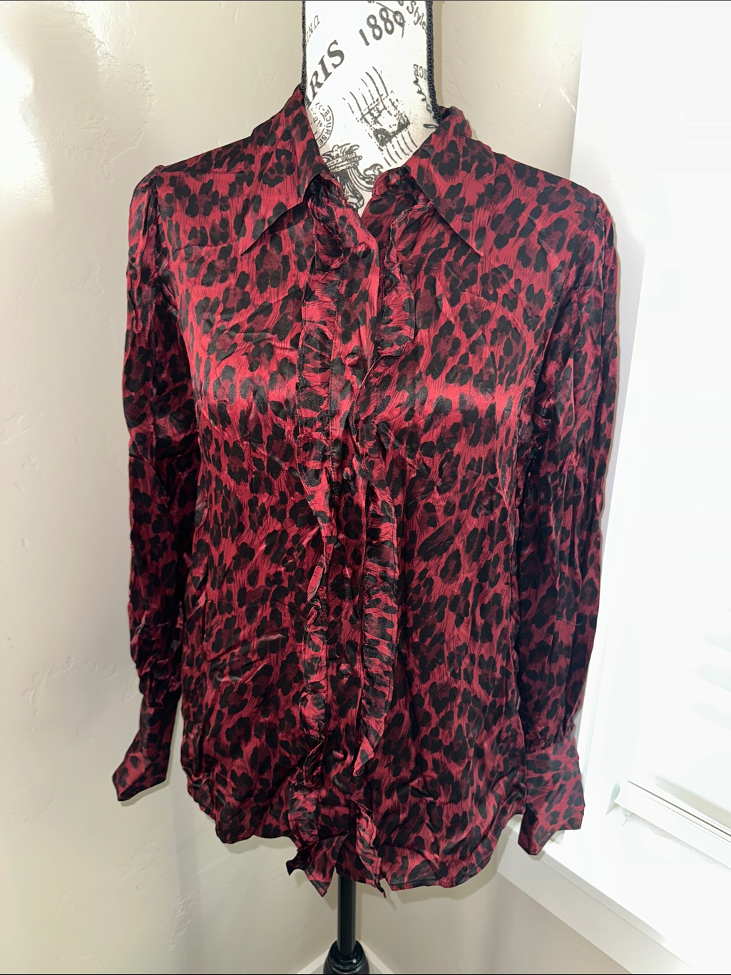 The Kooples Red & Black Leopard-Print Ruffle Front Blouse Silk Nwt